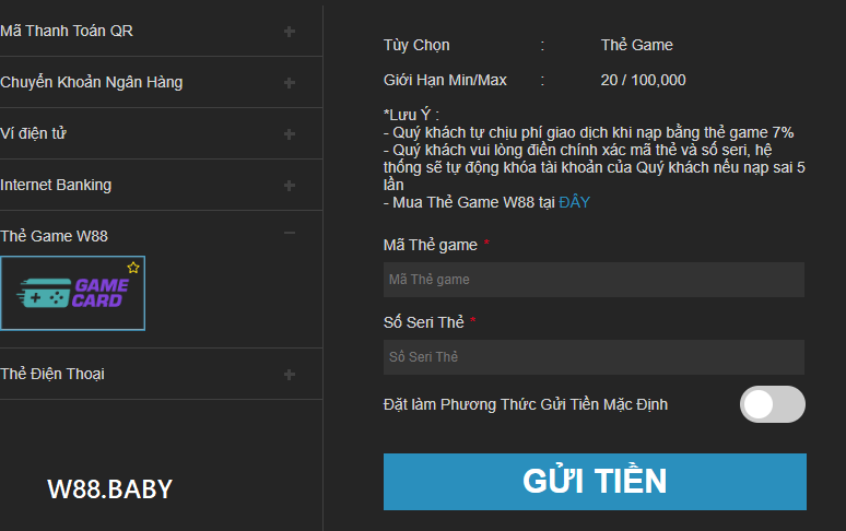 Nạp tiền W88 qua thẻ game Nạp tiền W88 qua thẻ game