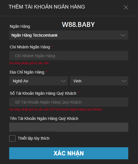 Thêm tài khoản ngân hàng rút tiền W88 Thêm tài khoản ngân hàng rút tiền W88